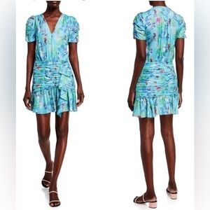 $495  Tanya Taylor Zora Ruched V-Neck Floral Turquoise Mini Dress Size 4